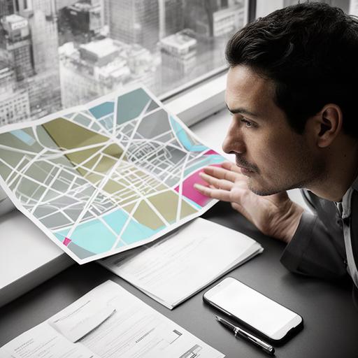 Safety advisor studying a city street plan beside travel documents