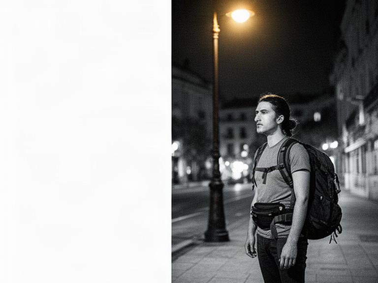 Solo traveler standing beneath a streetlamp at night with a visible cash belt and backpack